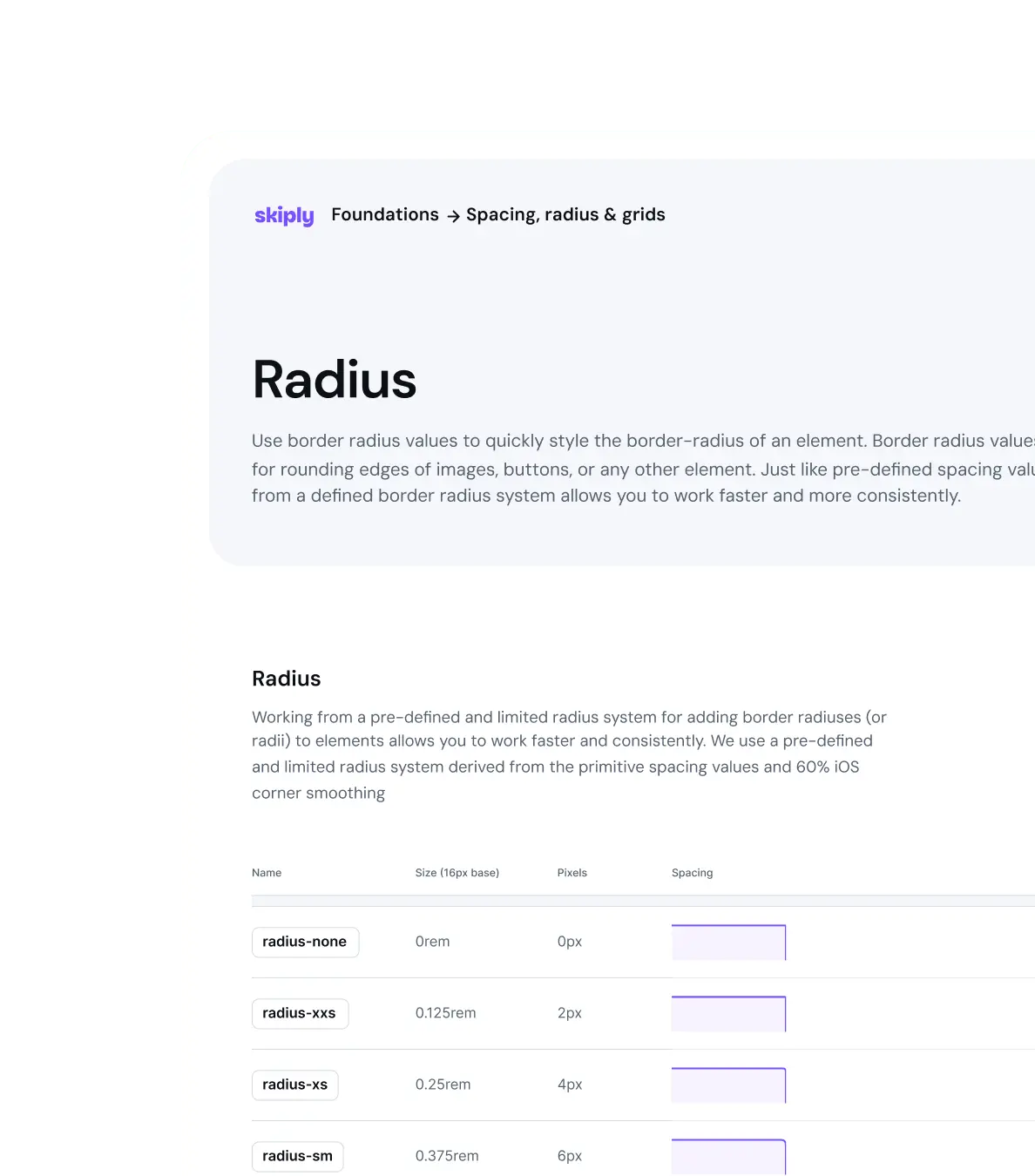 Skiply design system radius documentation